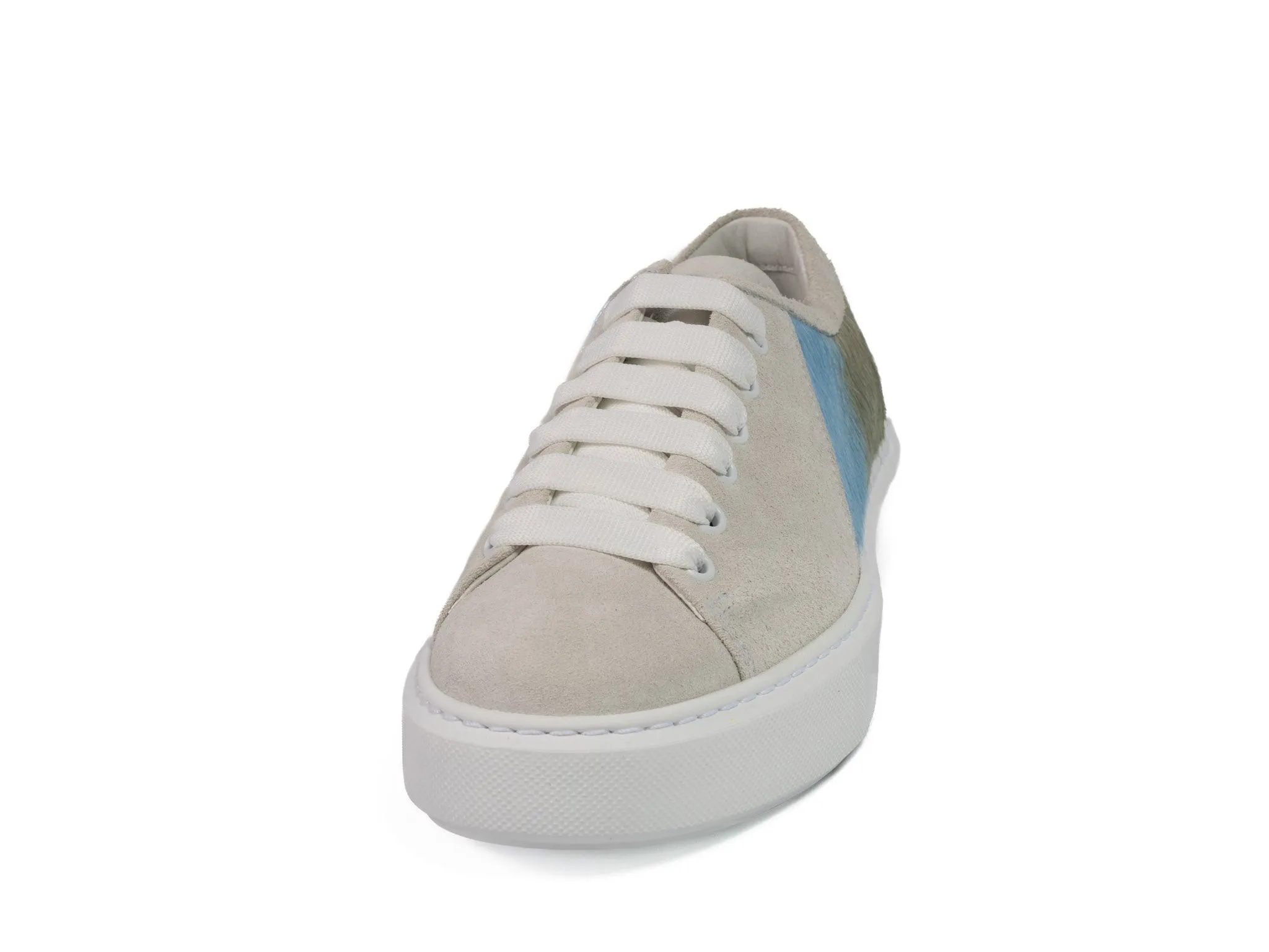 Baby Blue Stripe Hair-on-hide Trainer Model 001 in White Suede