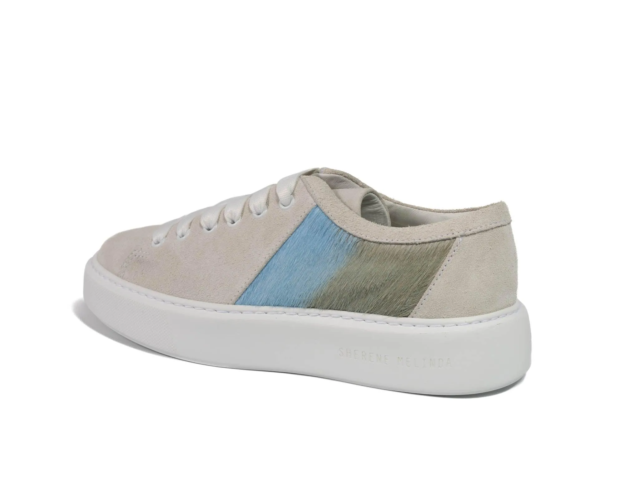 Baby Blue Stripe Hair-on-hide Trainer Model 001 in White Suede