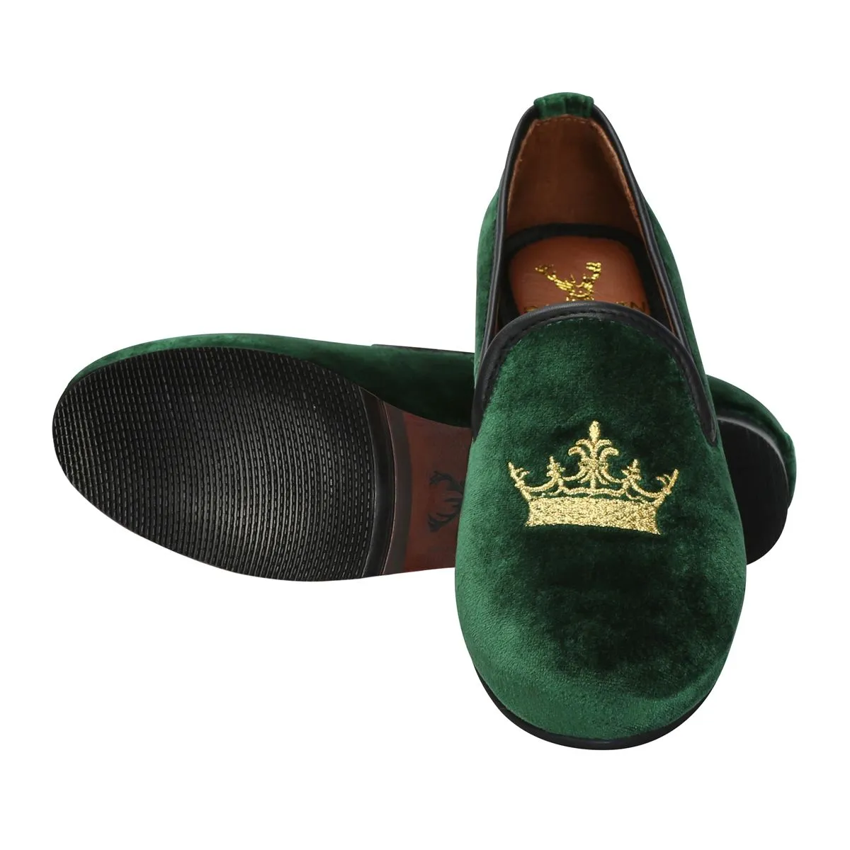 Green Velvet Slip-Ons With Golden Crown Embroidery For Women