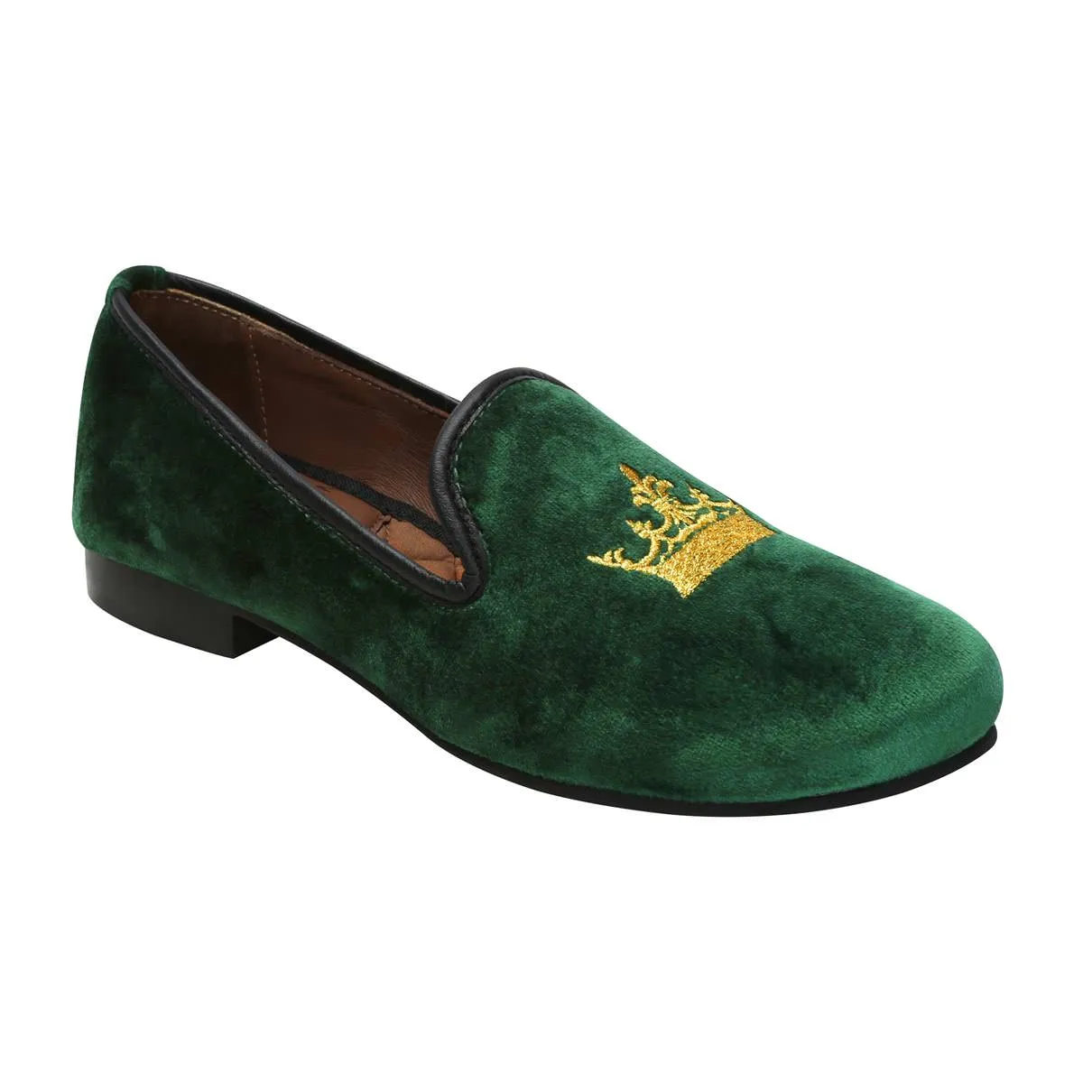 Green Velvet Slip-Ons With Golden Crown Embroidery For Women