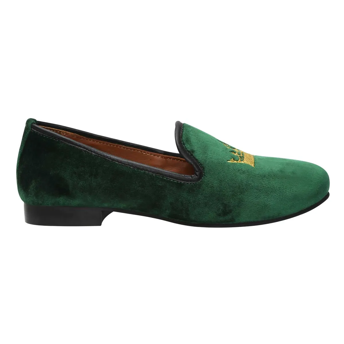 Green Velvet Slip-Ons With Golden Crown Embroidery For Women