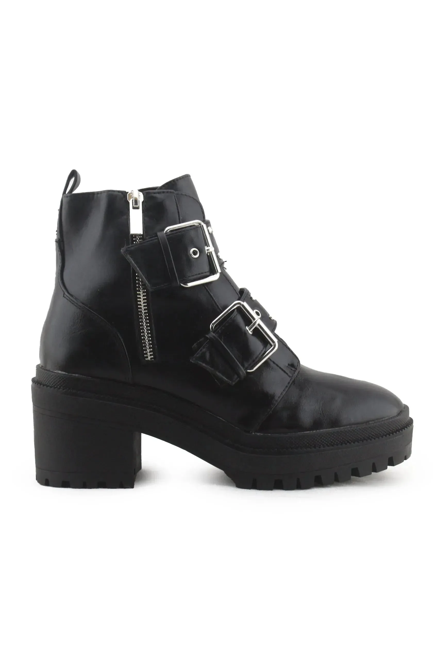 Stradivarius Zipper Buckle Straps Block Heels Ankle Boots | 100% Synthetic Leather