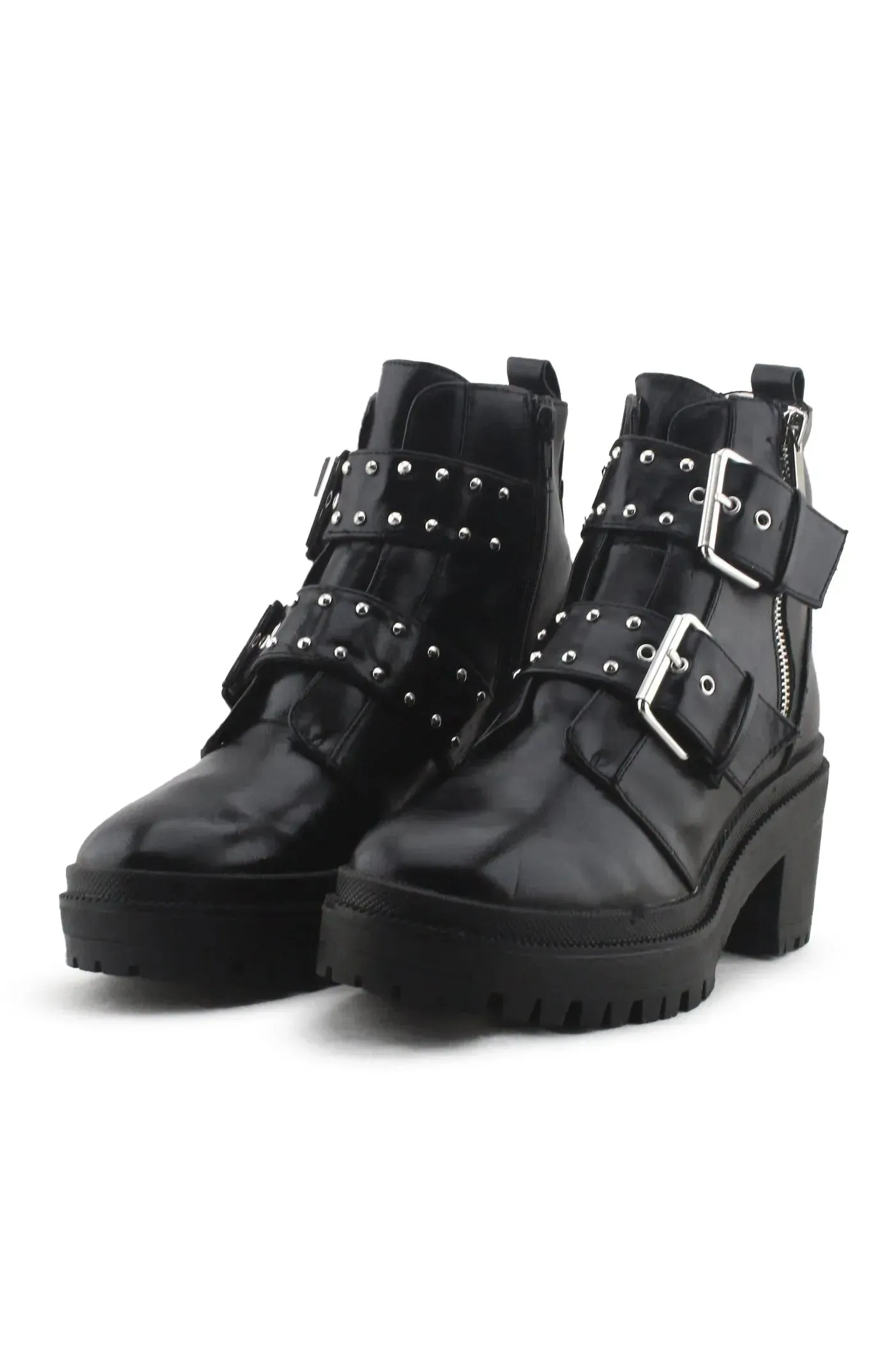 Stradivarius Zipper Buckle Straps Block Heels Ankle Boots | 100% Synthetic Leather