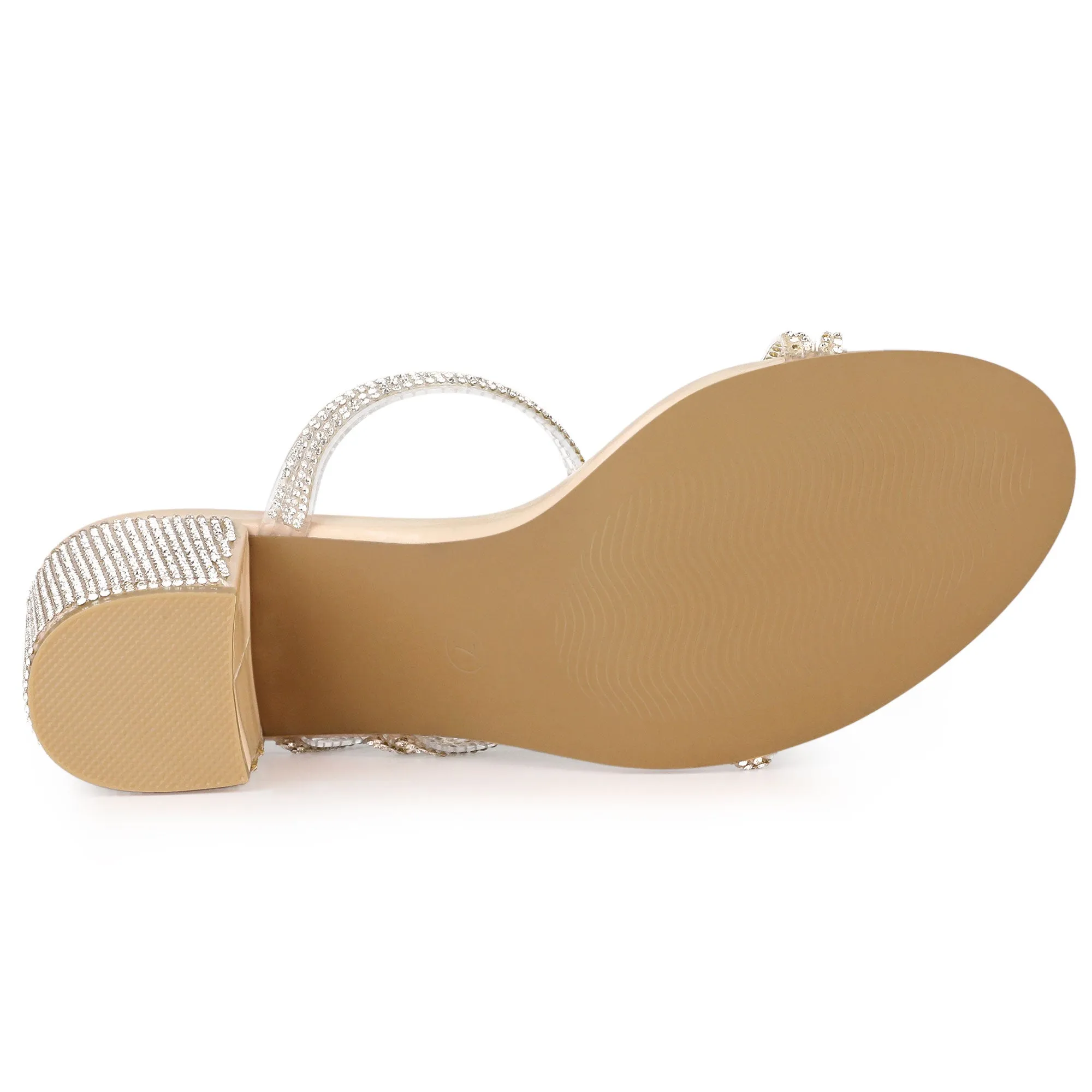 Strappy Rhinestone Block Heel Slide Sandals