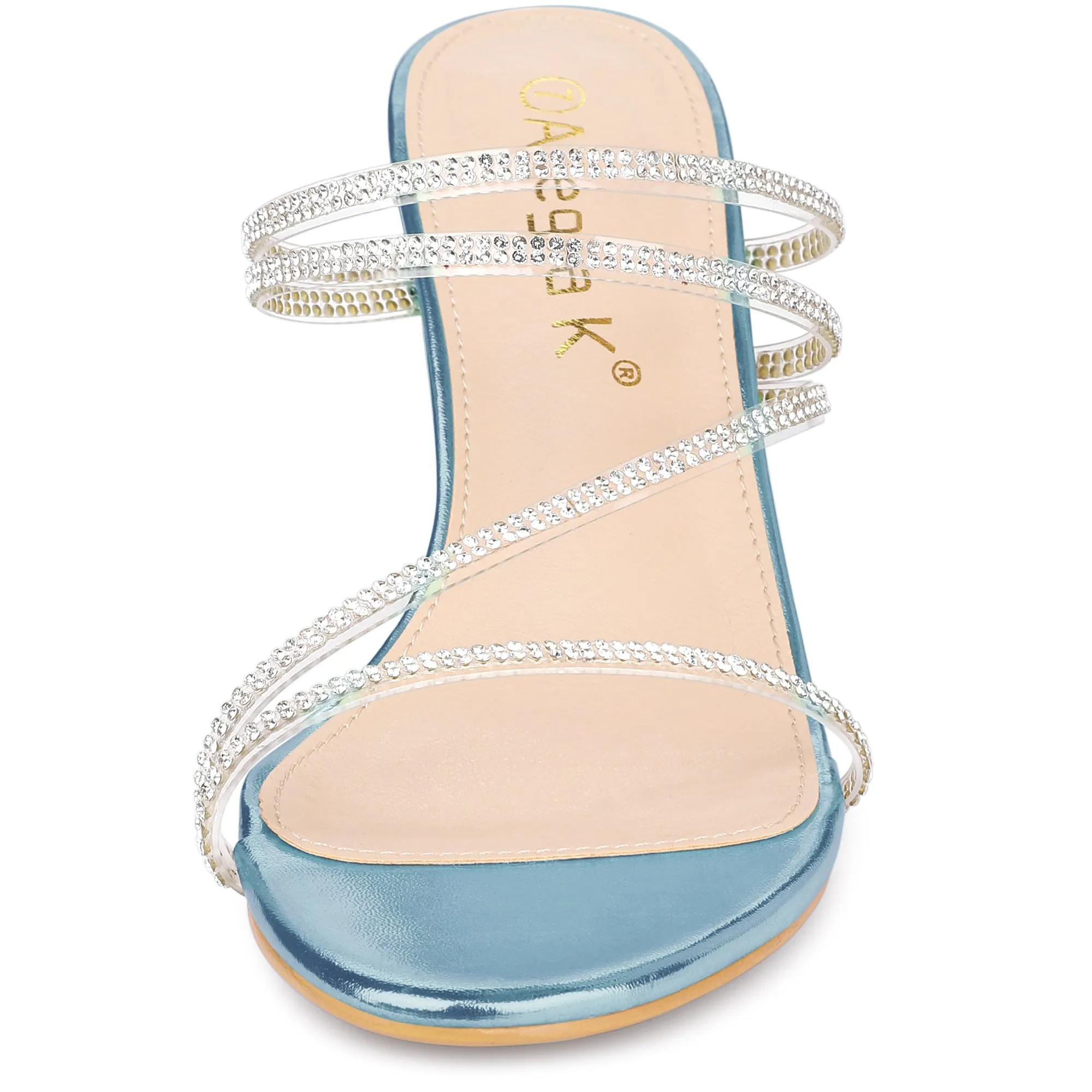 Strappy Rhinestone Block Heel Slide Sandals