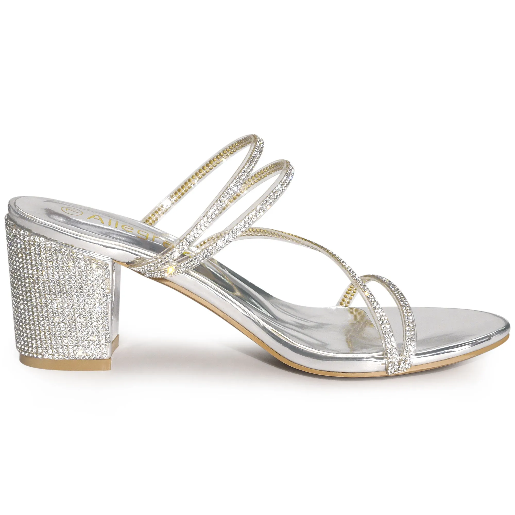 Strappy Rhinestone Block Heel Slide Sandals