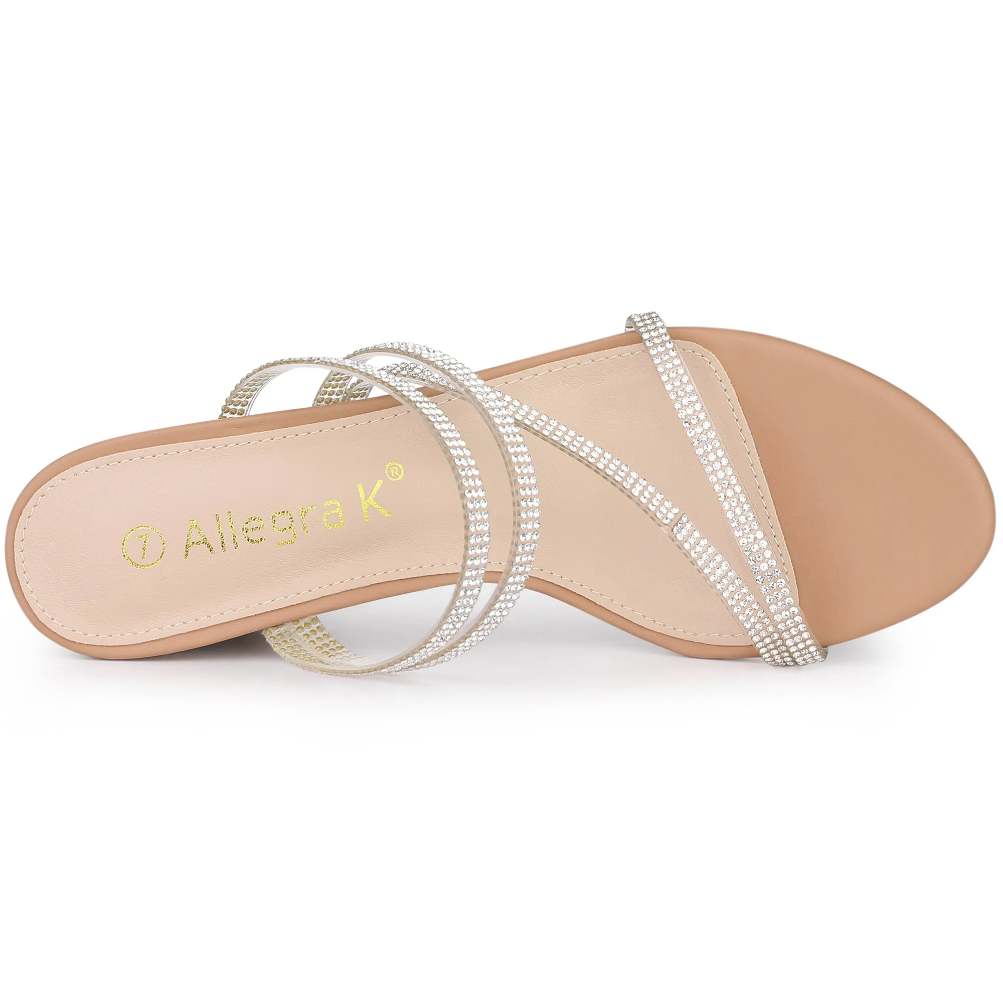 Strappy Rhinestone Block Heel Slide Sandals