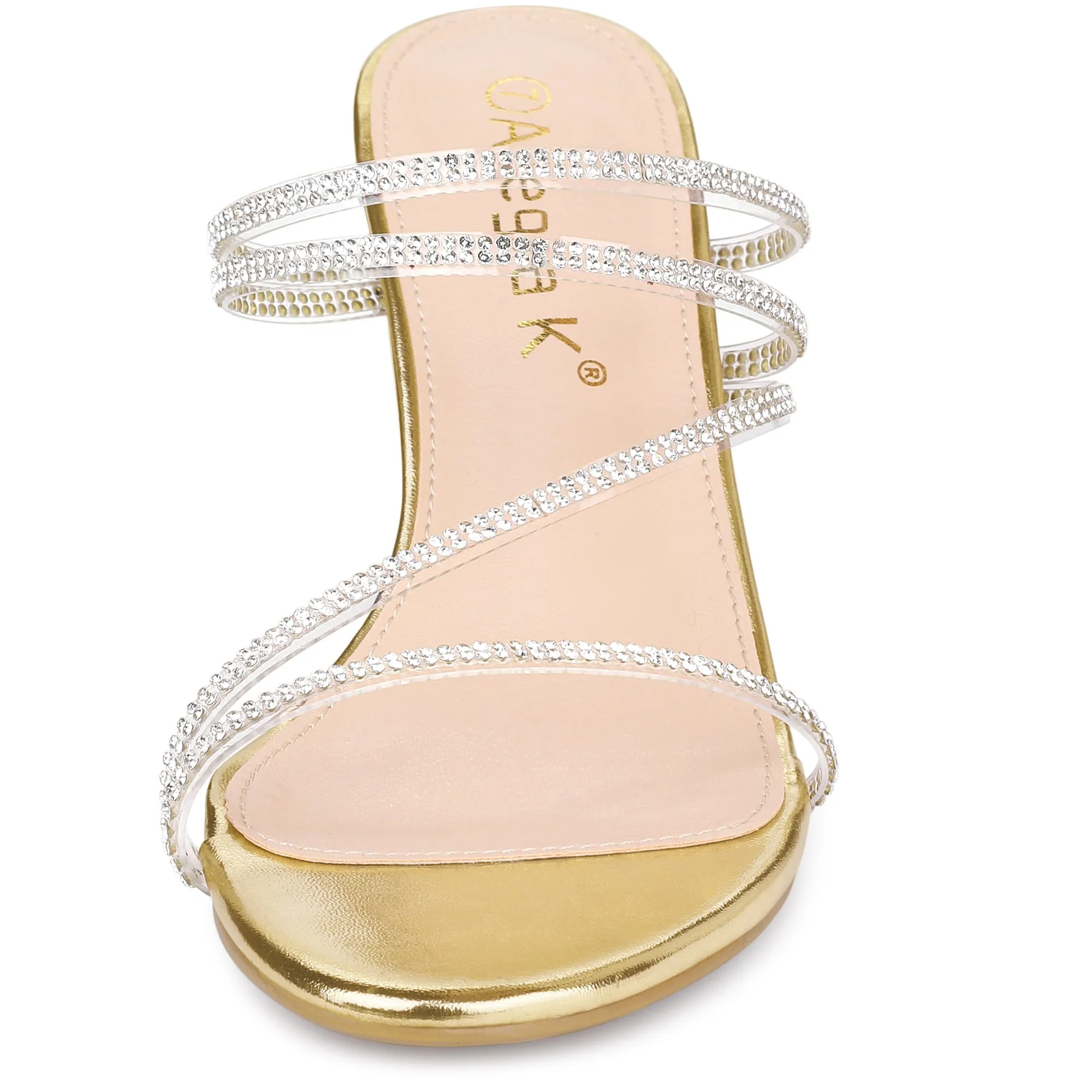 Strappy Rhinestone Block Heel Slide Sandals
