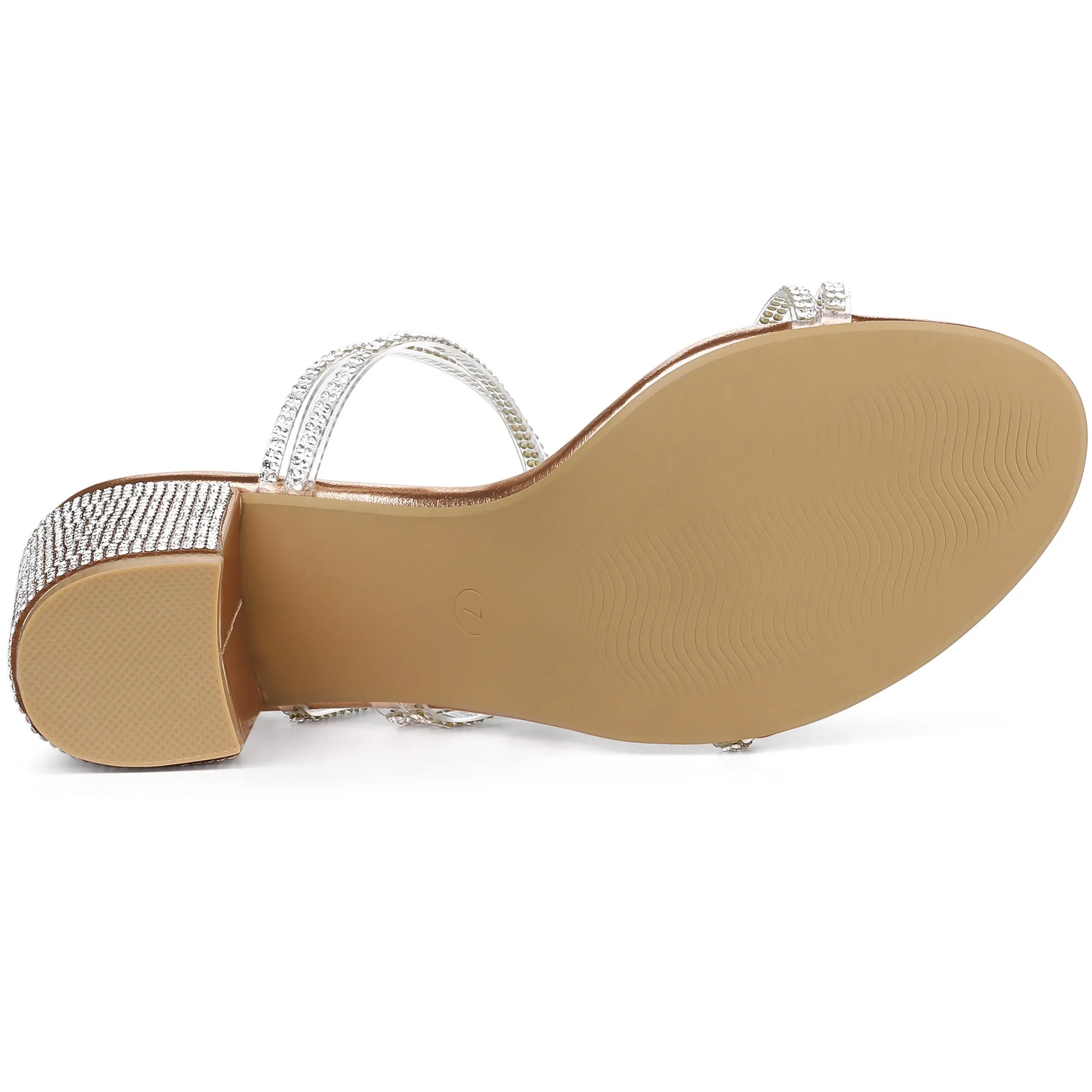 Strappy Rhinestone Block Heel Slide Sandals