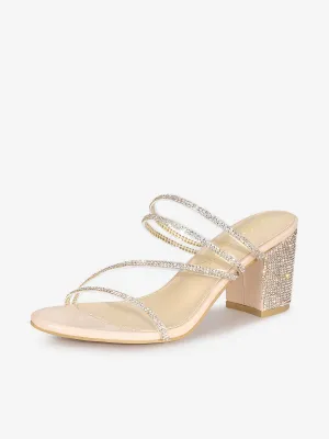 Strappy Rhinestone Block Heel Slide Sandals