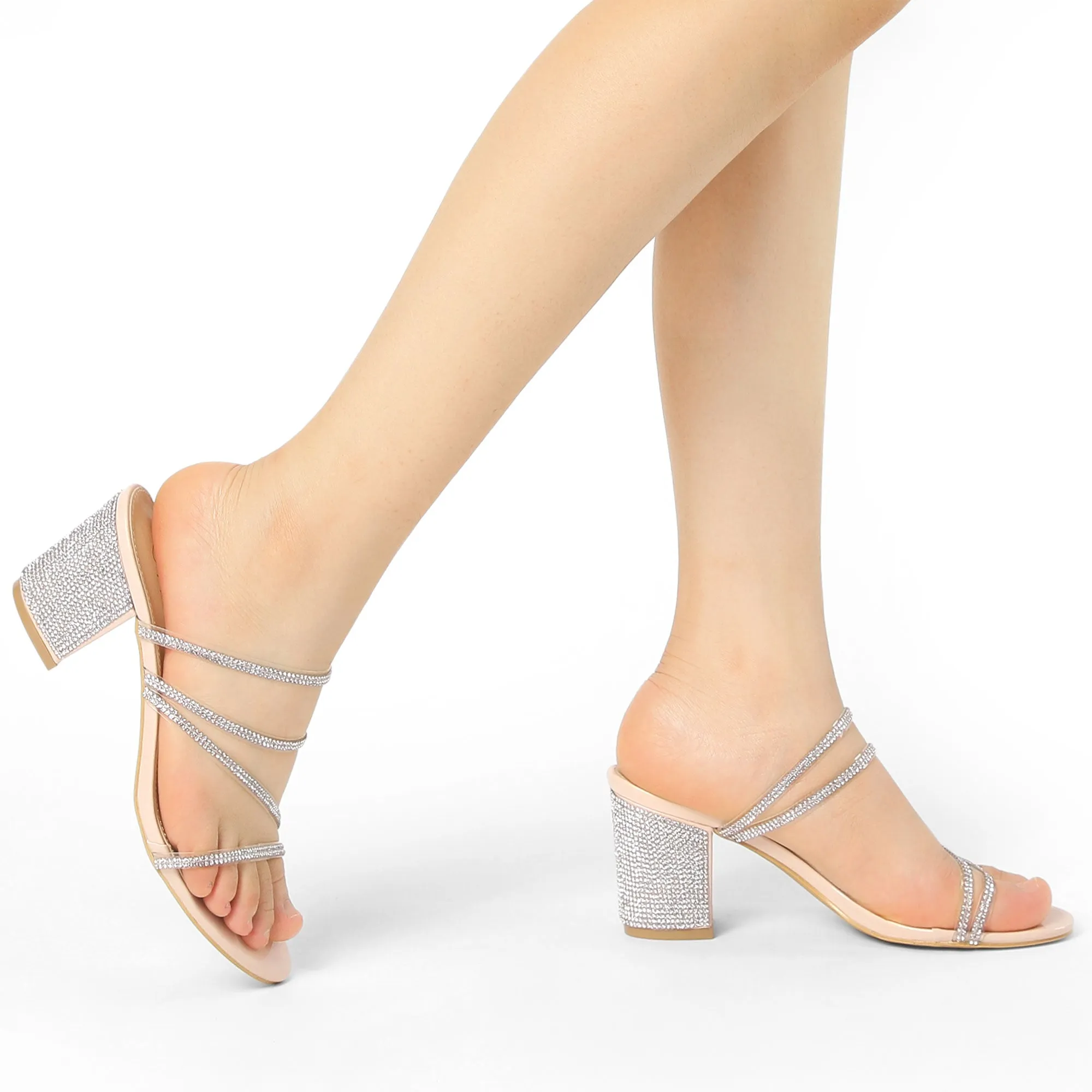 Strappy Rhinestone Block Heel Slide Sandals