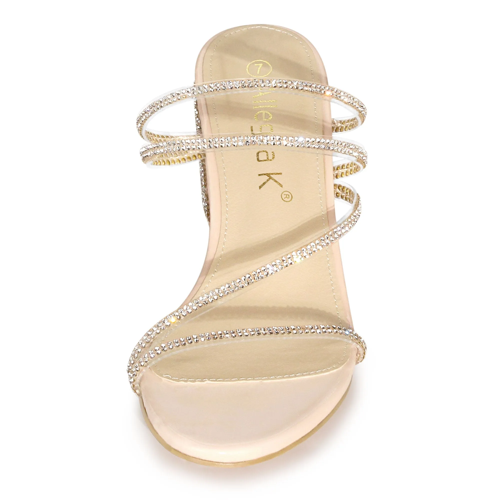 Strappy Rhinestone Block Heel Slide Sandals