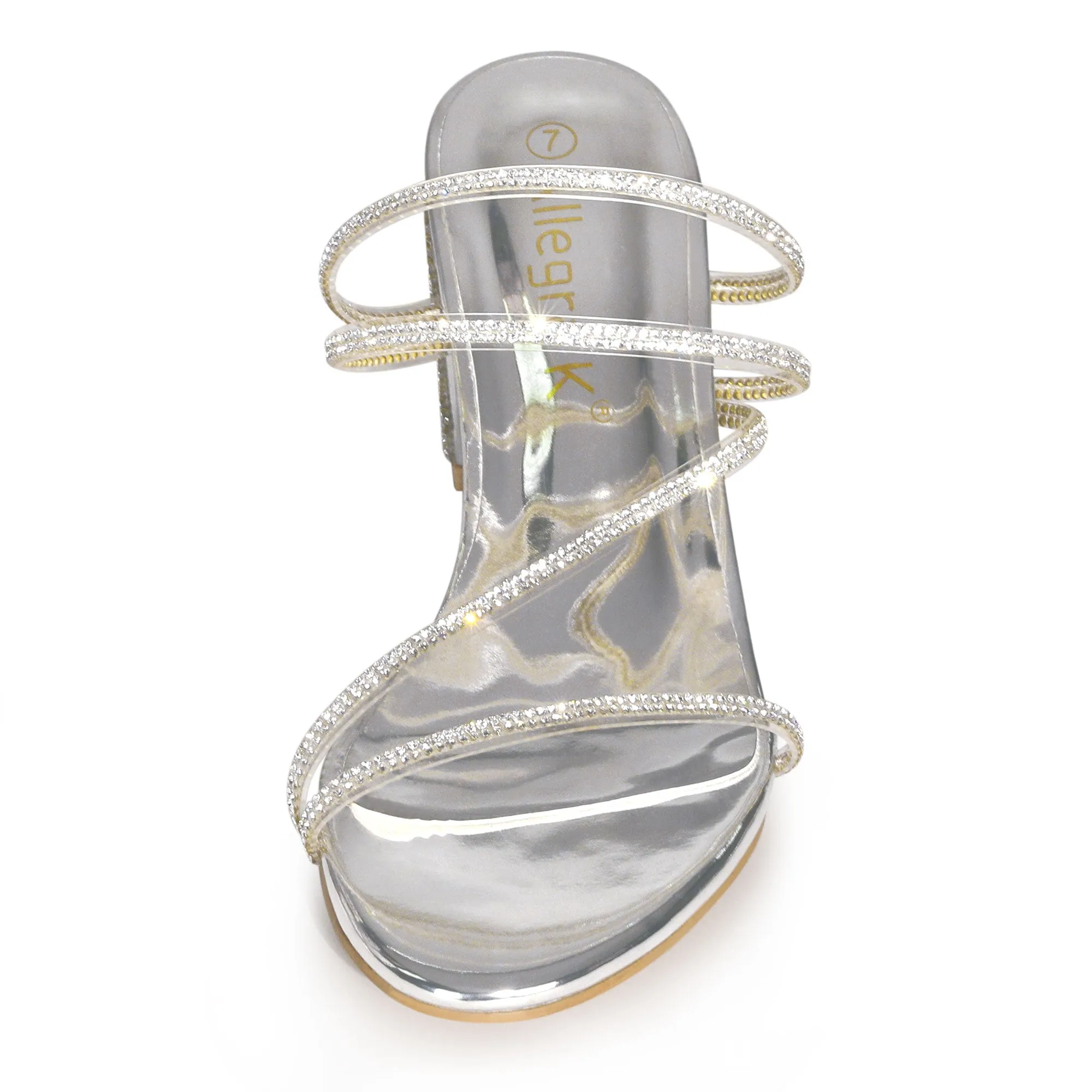 Strappy Rhinestone Block Heel Slide Sandals