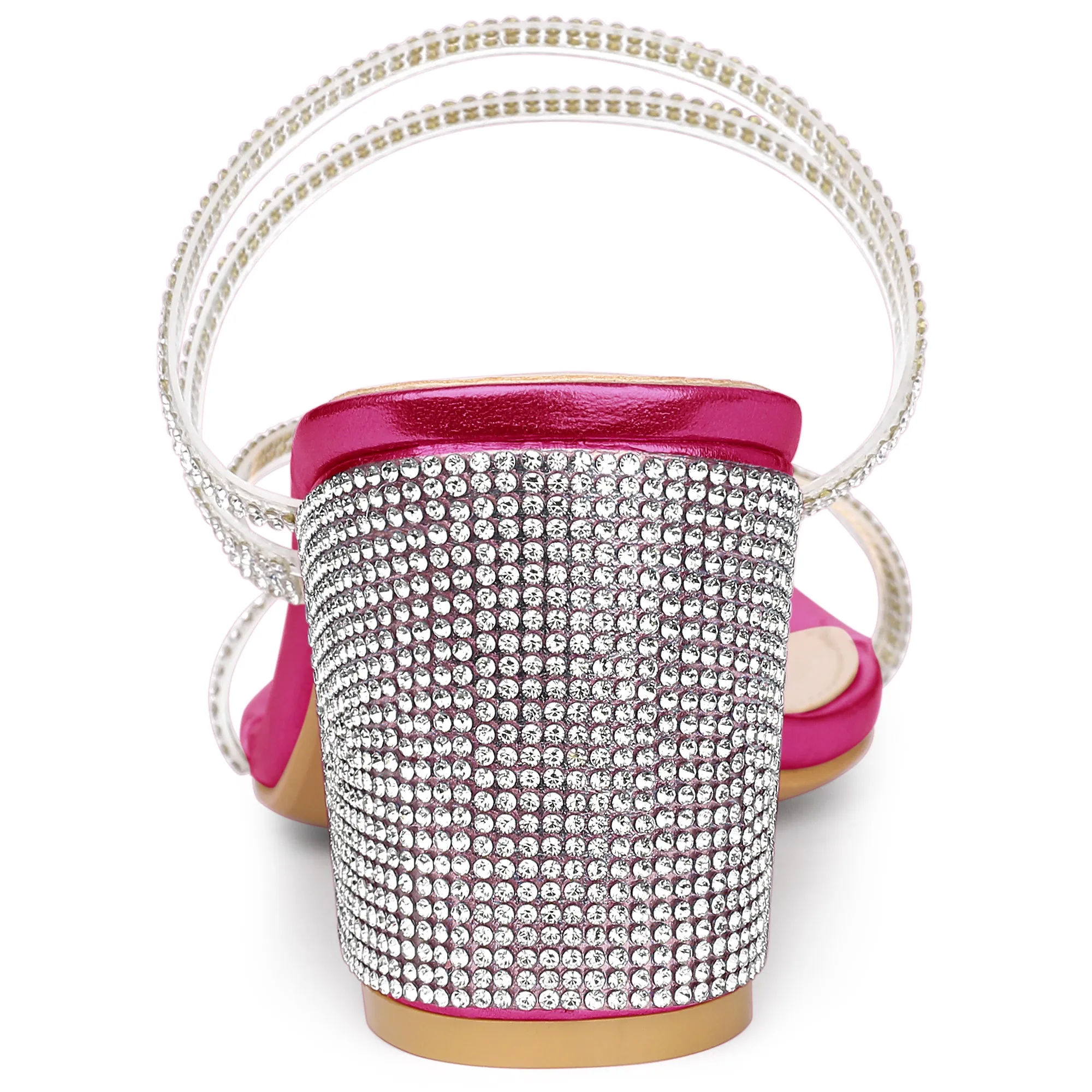 Strappy Rhinestone Block Heel Slide Sandals