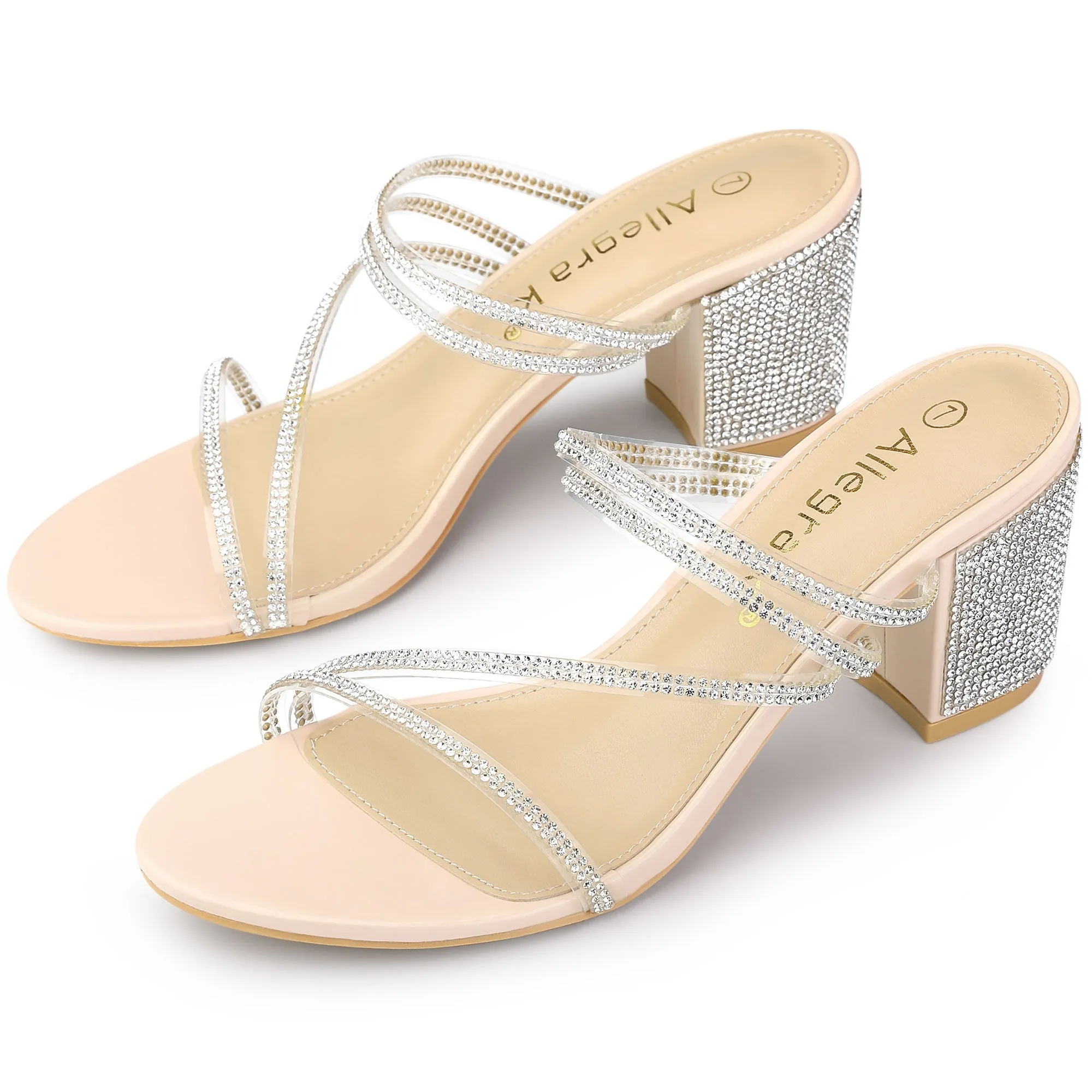 Strappy Rhinestone Block Heel Slide Sandals