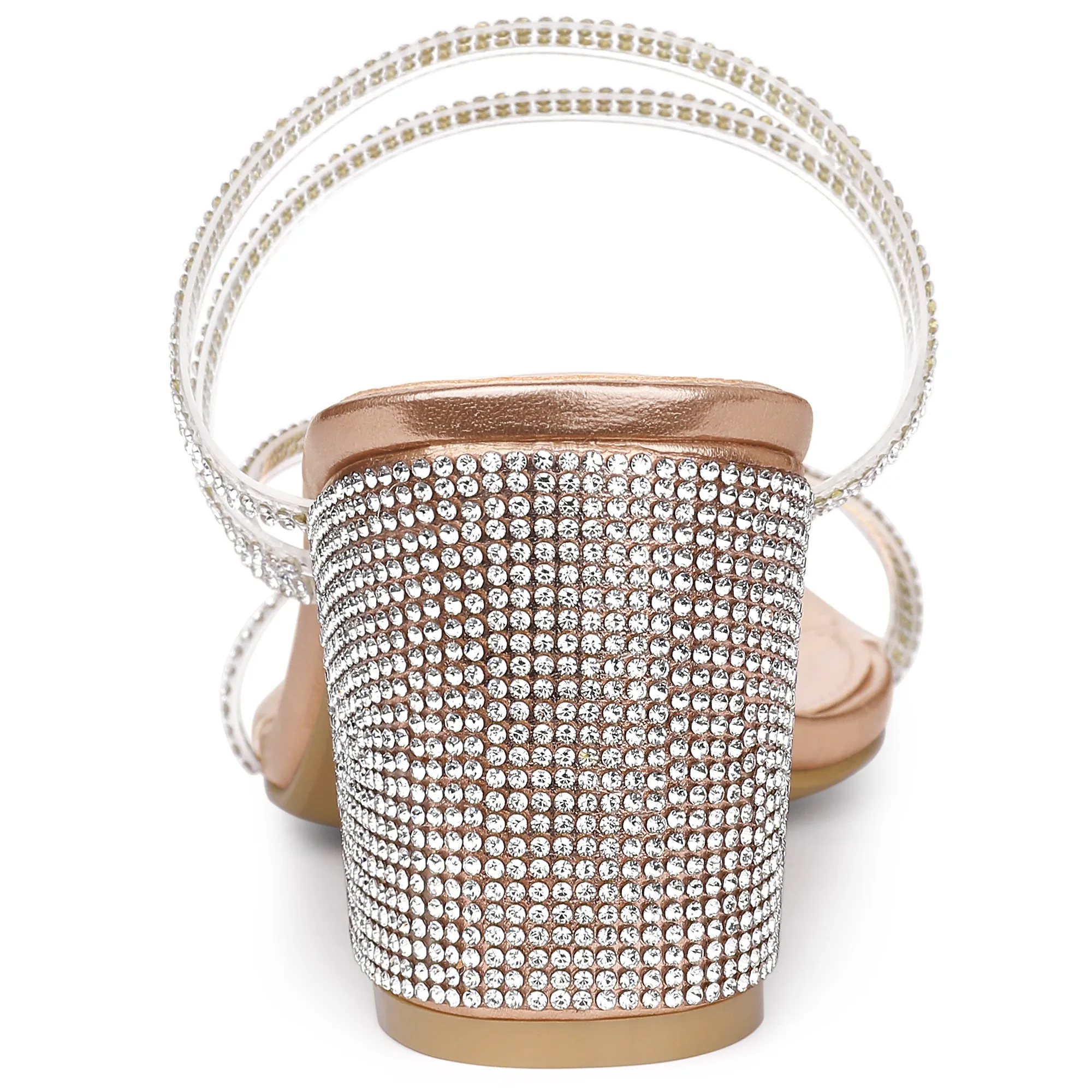 Strappy Rhinestone Block Heel Slide Sandals