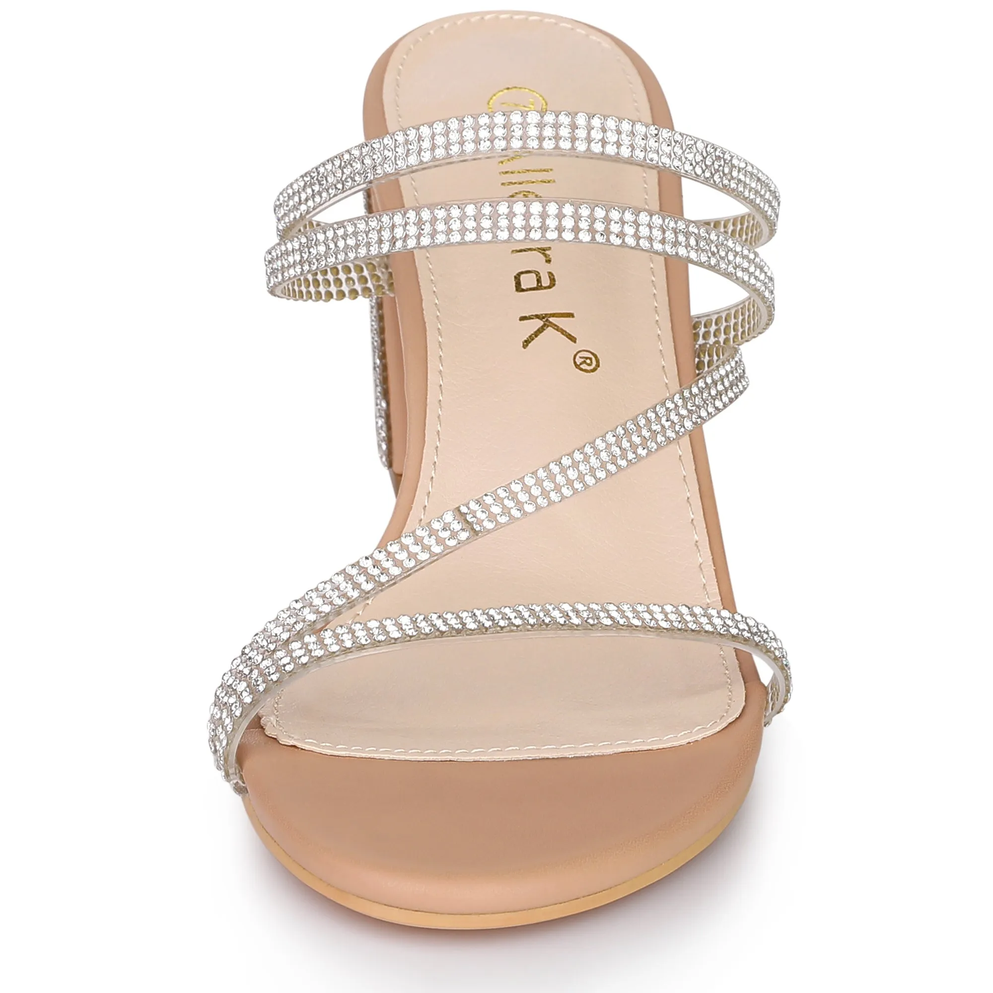 Strappy Rhinestone Block Heel Slide Sandals