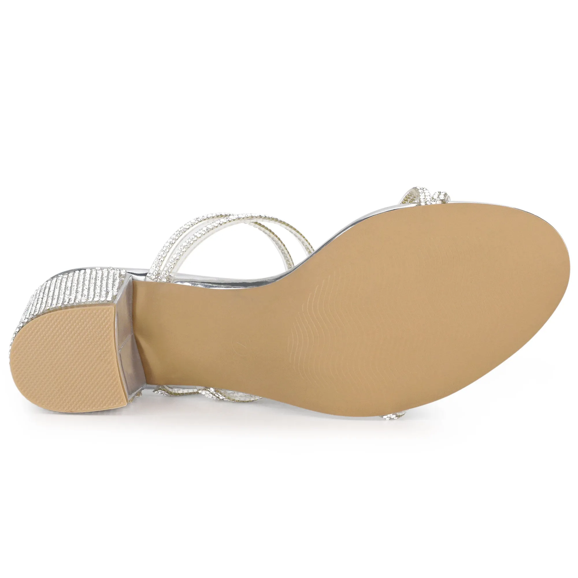 Strappy Rhinestone Block Heel Slide Sandals