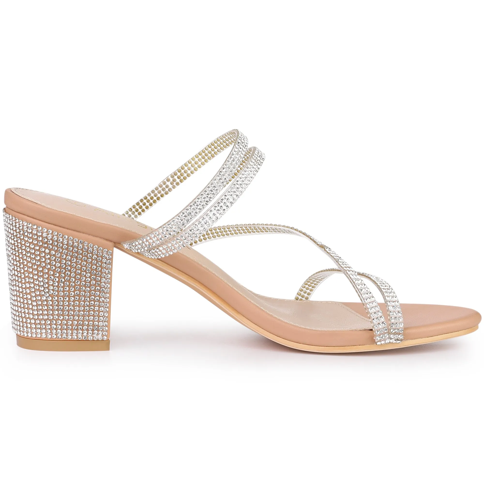 Strappy Rhinestone Block Heel Slide Sandals
