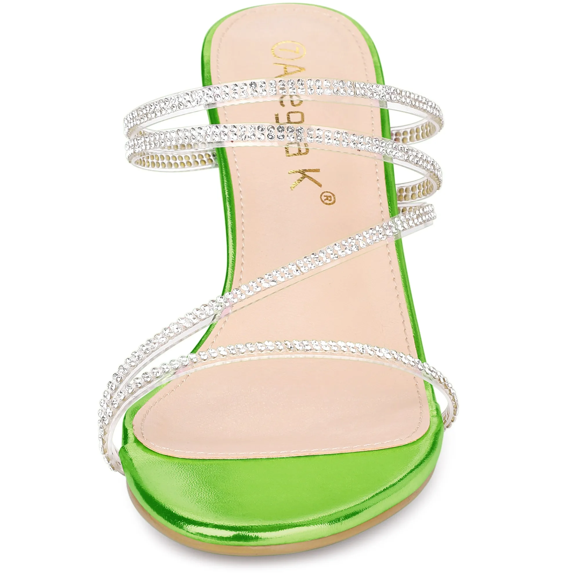 Strappy Rhinestone Block Heel Slide Sandals