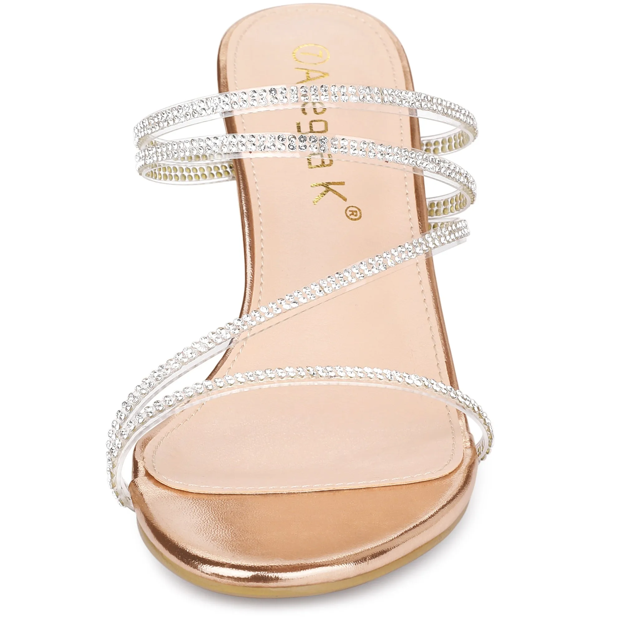 Strappy Rhinestone Block Heel Slide Sandals