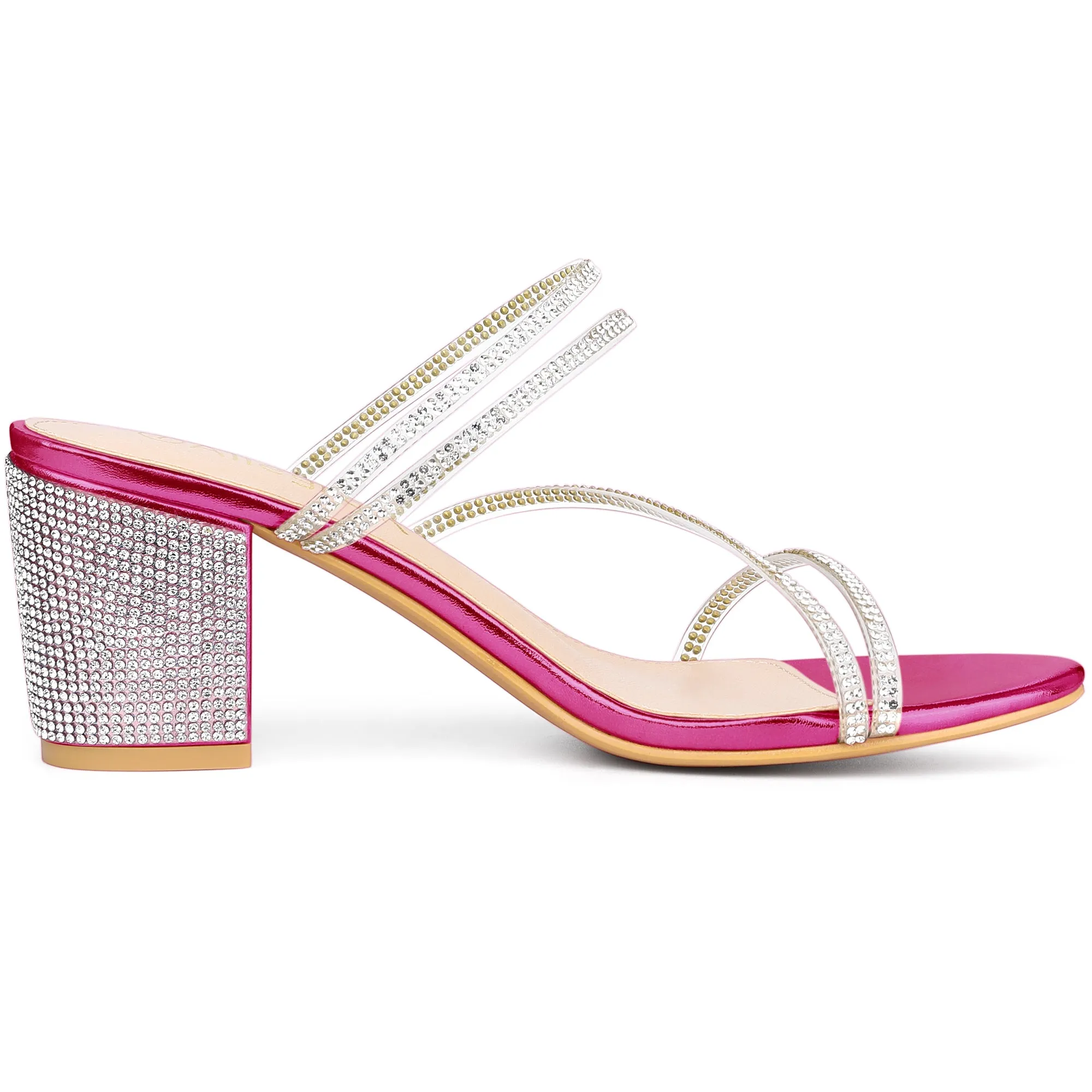 Strappy Rhinestone Block Heel Slide Sandals