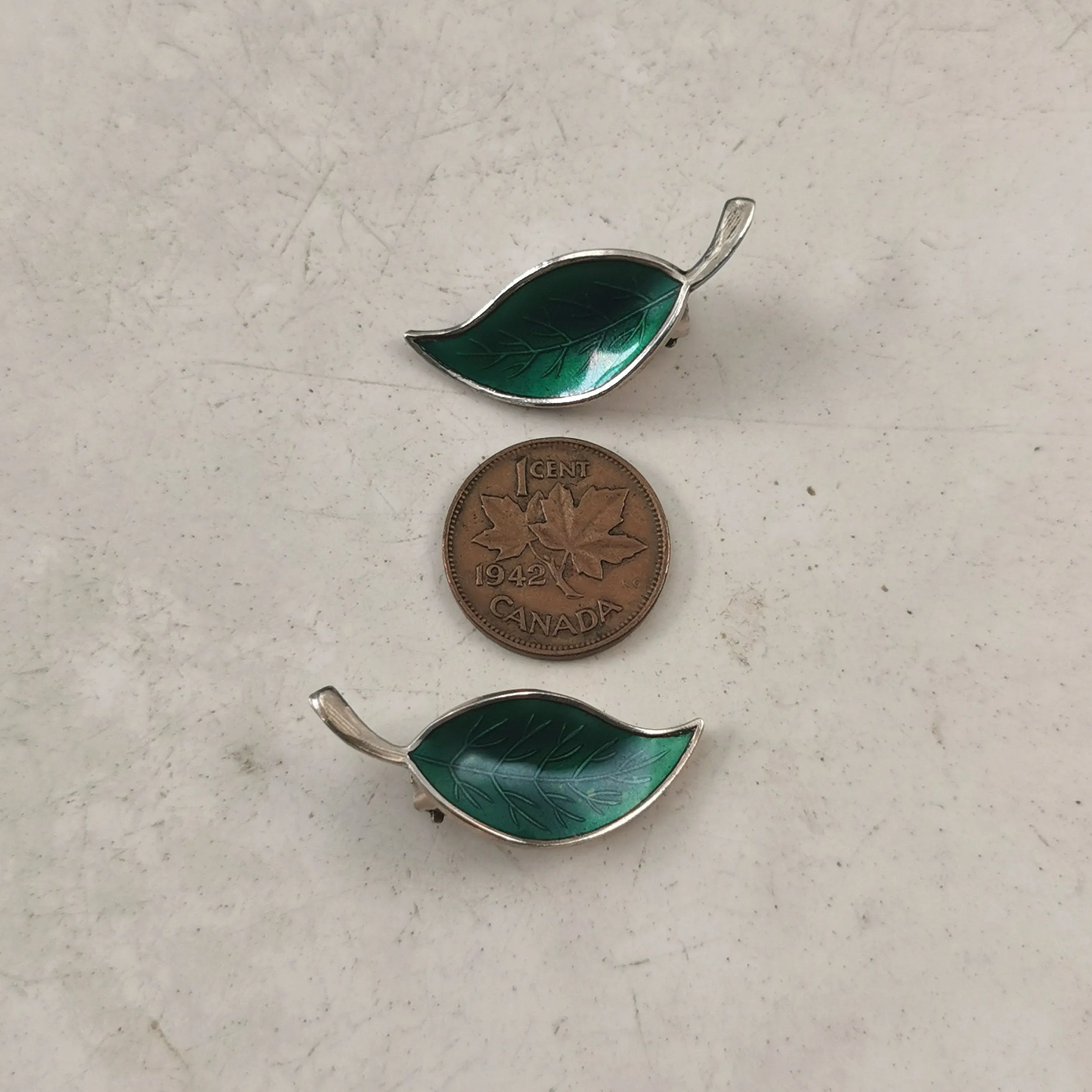 Vintage Meka Denmark Sterling Silver Green Enamel Leaf Ear Clips