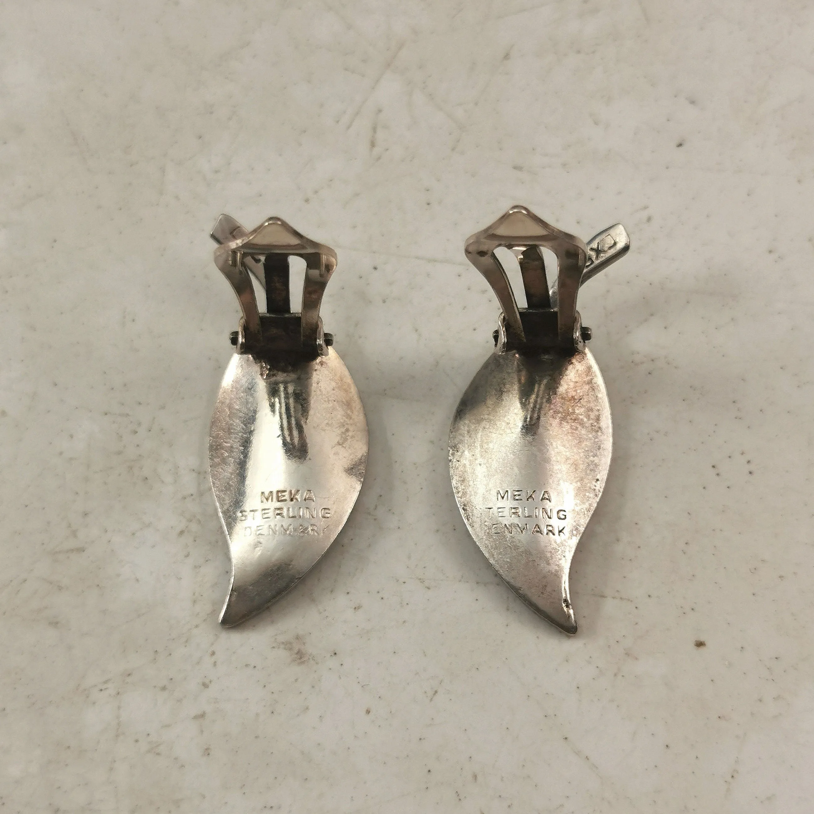 Vintage Meka Denmark Sterling Silver Green Enamel Leaf Ear Clips