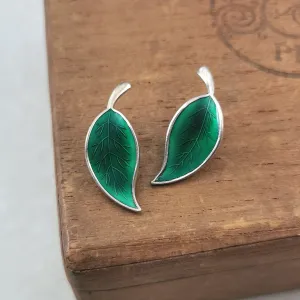 Vintage Meka Denmark Sterling Silver Green Enamel Leaf Ear Clips