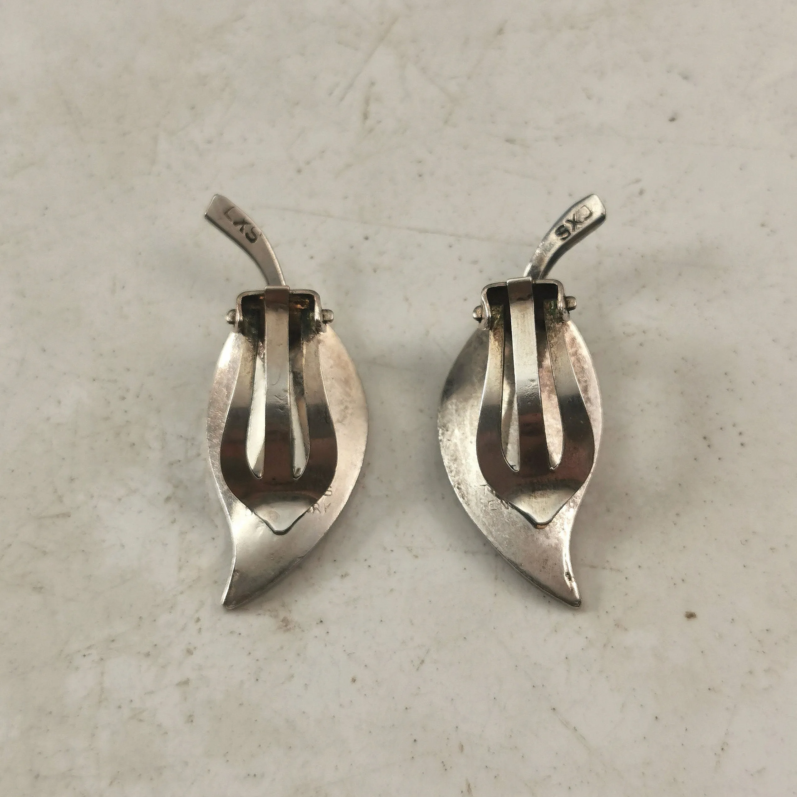 Vintage Meka Denmark Sterling Silver Green Enamel Leaf Ear Clips